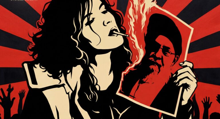 Woman lighting up her cigarette with the poster of an Ayatollah